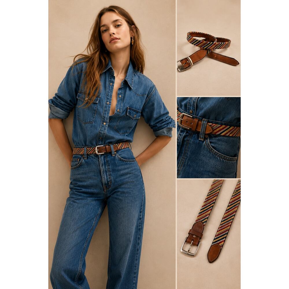 VTG 80s Leather Striped Tapestry Belt Small Unisex Retro Boho Western Festival - Picture 11 of 11